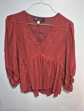 Blue Rain Women's Red V-Neck Long Sleeve Blouse, Medium